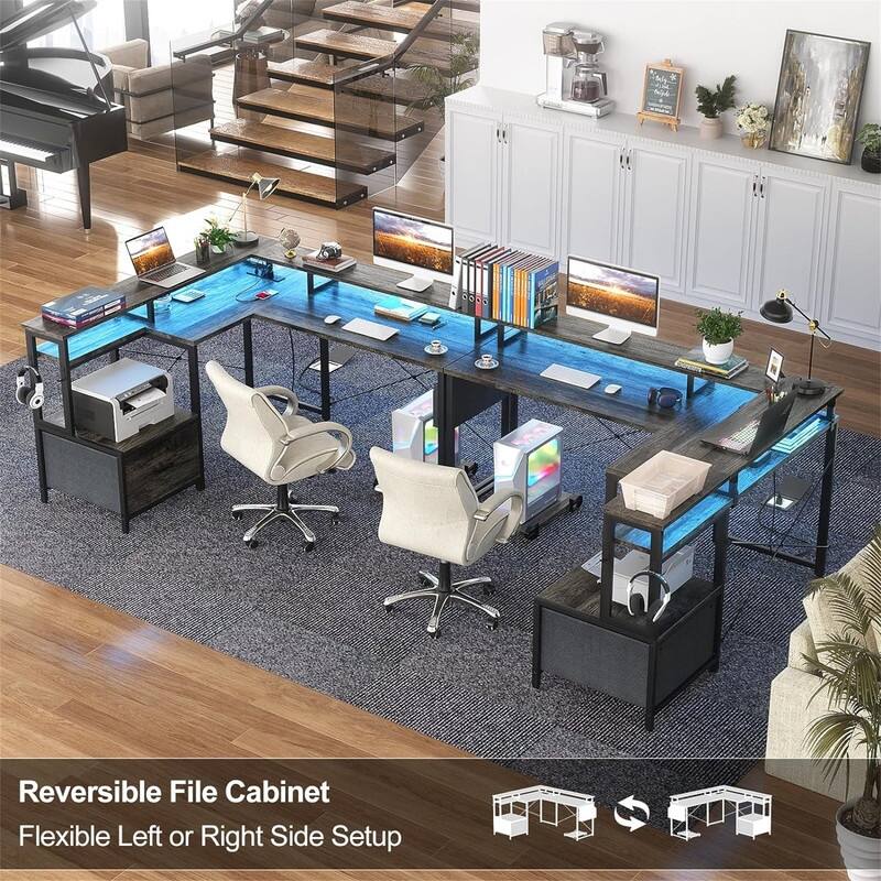 L Shaped Desk with Power Outlet and LED Strip