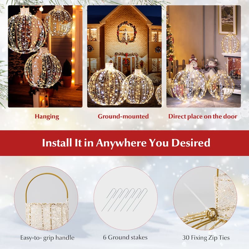 Costway 3 Pack Christmas LED Light Balls Outdoor Hanging Light Spheres