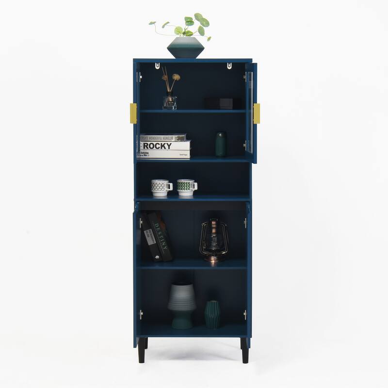 Tall Storage Show Cabinet with 2 Glass Display Door & 2 Doors, Modern Cabinet Freestanding for Bathroom, Dining Living Room