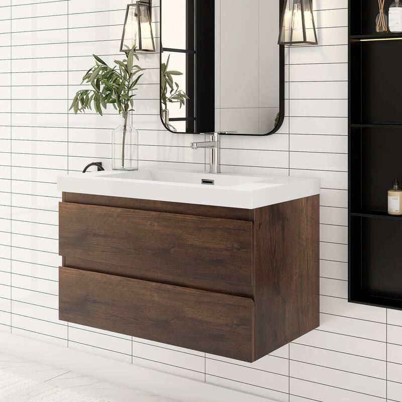 MDF Wall-Mounted Bathroom Vanity Set in Rose Wood with Integrated Culture Marble Sink