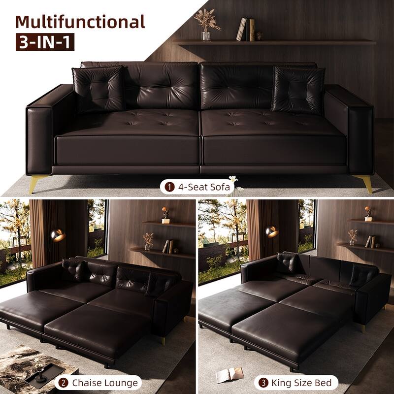 Oversized 3-in-1 Convertible Sofa Bed, 92.1" Faux Leather Square Arms Loveseat, Modern Pull-Out Sleeper Couch with Pillows