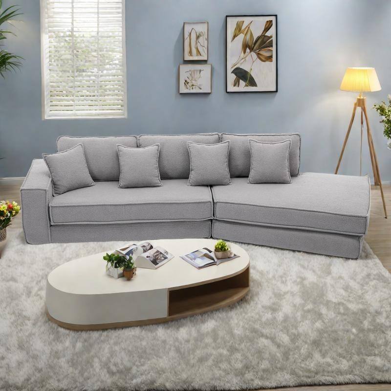 133" Lamb Velvet Convertible Sleeper Sofa with 7 Pillows (3 Back + 4 Throw), Foldable Gaming Bed Design - Gray