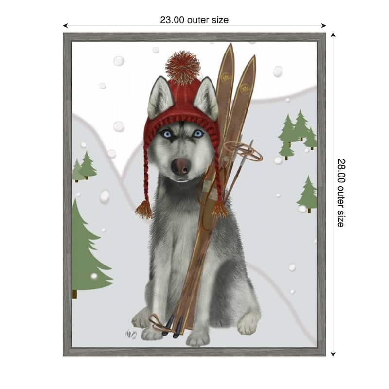 Husky Skiing by Fab Funky (23 x 28 in.), Framed Canvas Wall Art Print - Sylvie Greywash