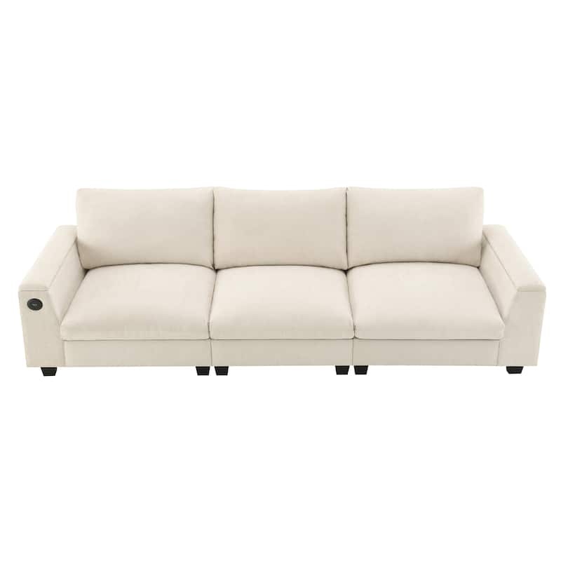 Chenille Cloud Sofa with Cup Holders, USB Port & Bluetooth Speaker, Convertible Loveseat with Drop Down Table & Storage Armrest