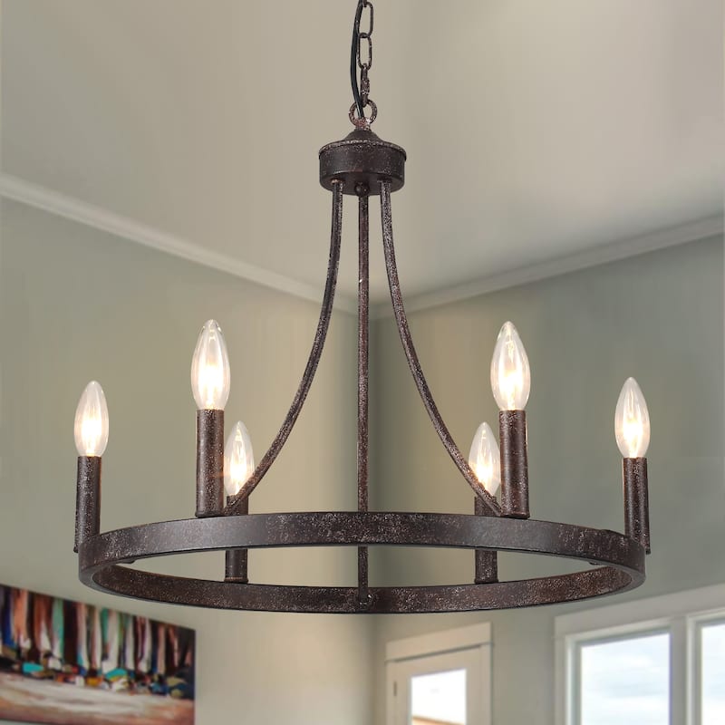 6-Light Farmhouse Chandelier, Modern Wagon Wheel Chandelier for Dining Room Living Room Bedroom Kitchen