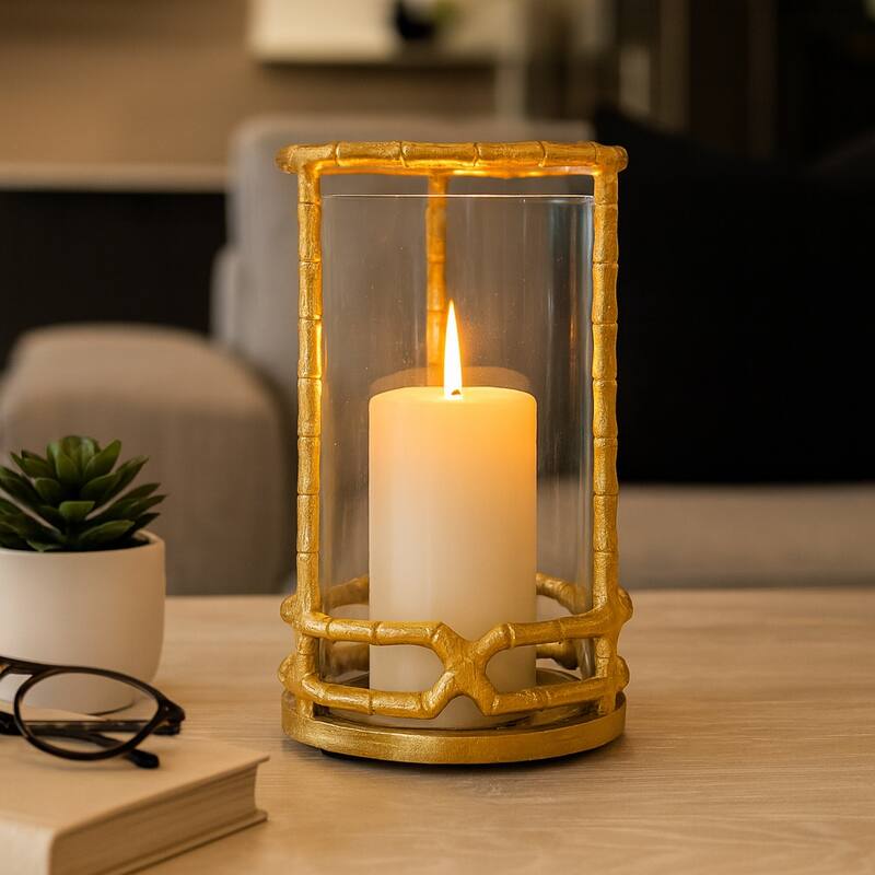 Aluminum Glass Sleek Hurricane Candle Holder - Gold, 9 in.