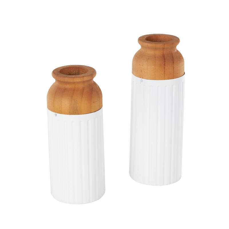 Metal Color Block Decorative Vase with Rounded Linear Grooves and Brown Wood Tops - Set of 2 White - Roche River Decor