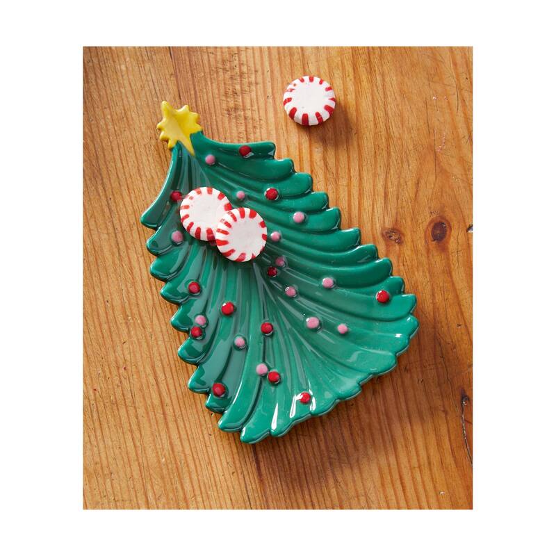 Christmas Tree Tidbit Plate - Multicolor Ceramic Serving Platter, Dishwasher Safe, 5" H x 4.25" L x 6.5" W