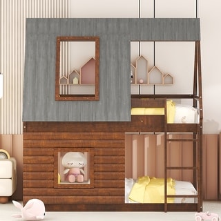 Twin Size Wood House Bunk Bed with Roof and Windows