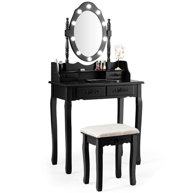 Gymax Makeup Vanity Dressing Table Set w/10 Dimmable Bulbs Cushioned - See Details