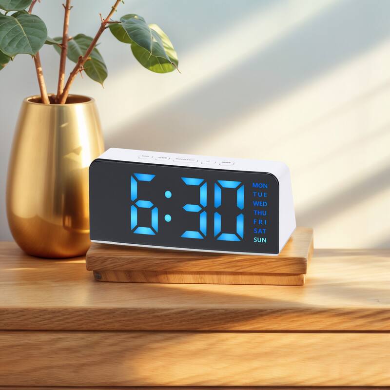 Digital Dual Alarm Clock with Night Light, Day of Week, Temperature, Dimmable, Snooze,12/24H for Bedroom 6.3 x 2.6 x 1.6 inch - White Blue