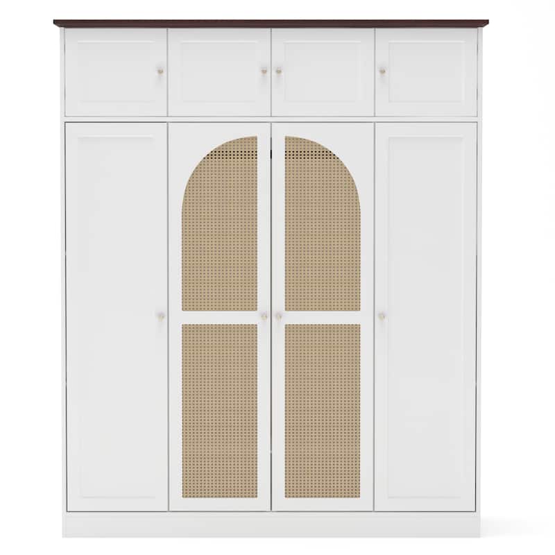 Rattan Decorative Doors Wardrobe Closet with Hanging Rod & Shelves, Large Capacity Armoire Clothing Storage Cabinet