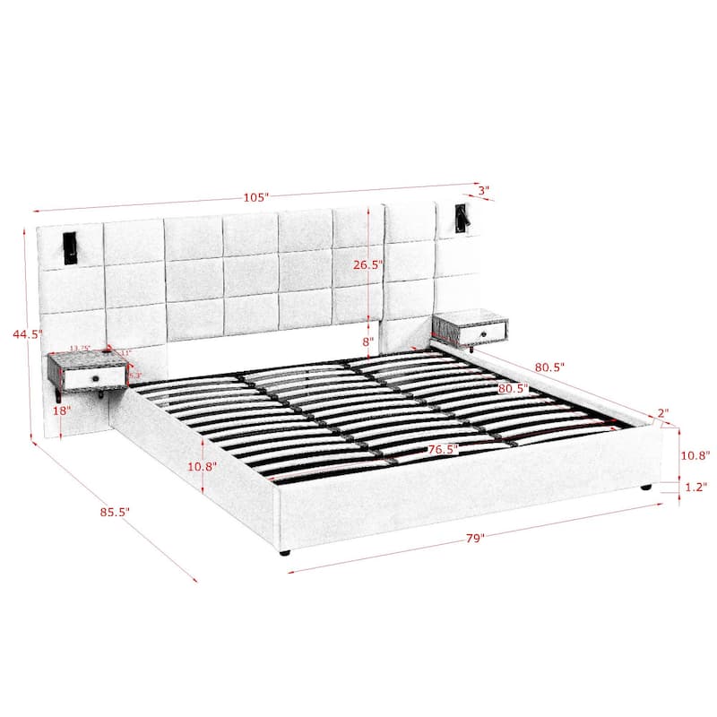 King Size Storage Velvet Upholstered Hydraulic Platform Bed with 2 Shelves, 2 Reading Lamps and USB Port