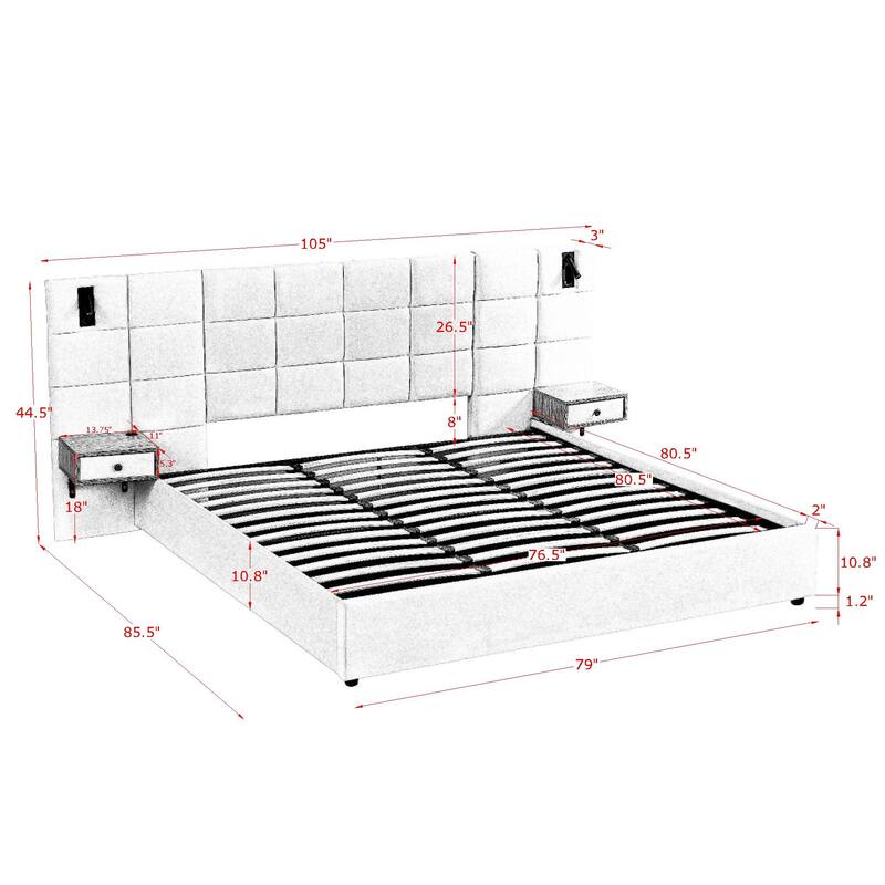 King Size Velvet Upholstered Hydraulic Platform Bed with Storage, Shelves, Reading Lamps, and USB Port