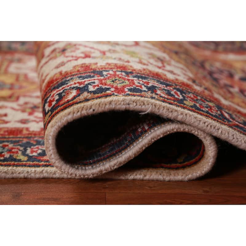 Hand Knotted Oriental 100% Wool Carpet Traditional Geometric Beige & Ivories Heriz (serapi) Runner Rug - 8' 0'' X 2' 5''