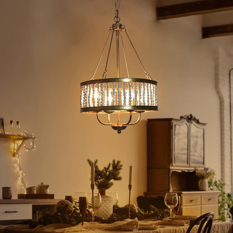 Mid-century Modern Glam Drum Foyer Chandelier wth White Wood Beads - Antique Gold - D 15.5"x H 85" - D 15.5"x H 85" - Antique Gold