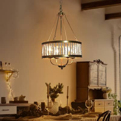 Mid-century Modern Glam Drum Foyer Chandelier wth White Wood Beads - Antique Gold - D 15.5"x H 85"