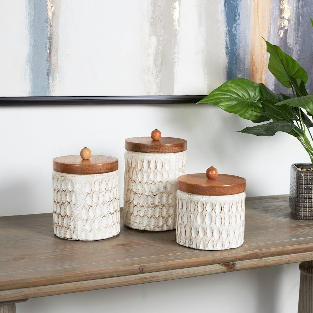 Cream Paper Mache Handmade Carved Spotted Geometric Decorative Canisters with Brown Removable Lids (Set of 3)