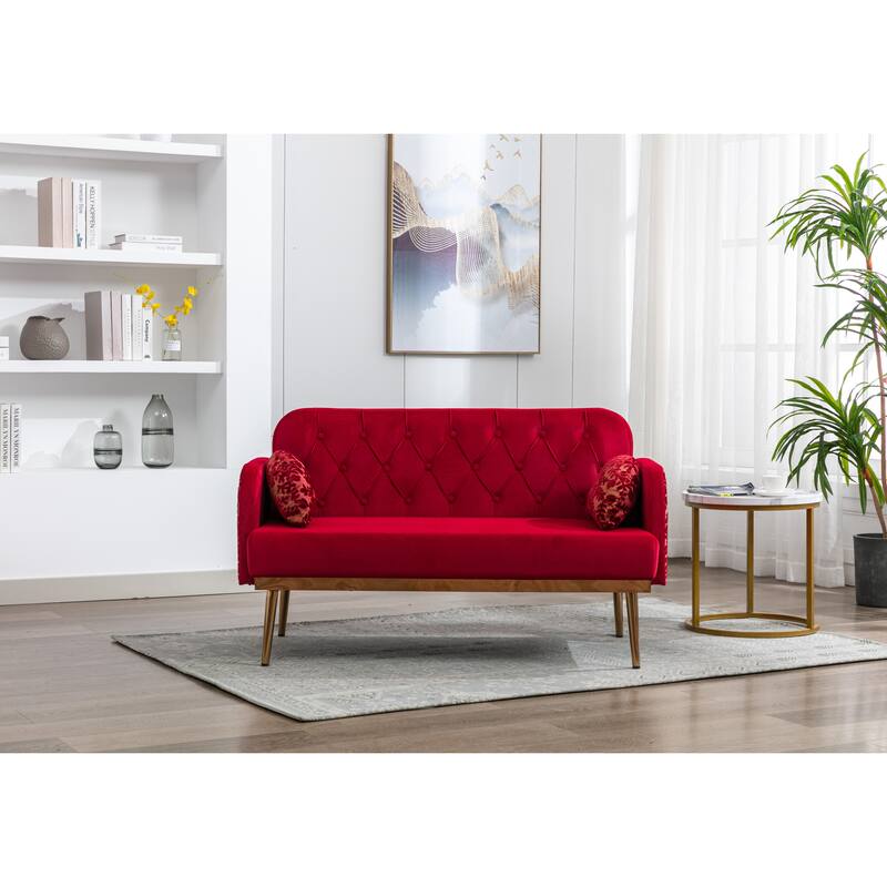 Red Tufted Back Loveseat Sofa Velvet Sleeper Loveseat Sofa Accent Settee w/ 2 Half Moon Pillows