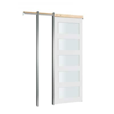 White Wood MDF Sliding Pocket Door with Frosted Glass Panels