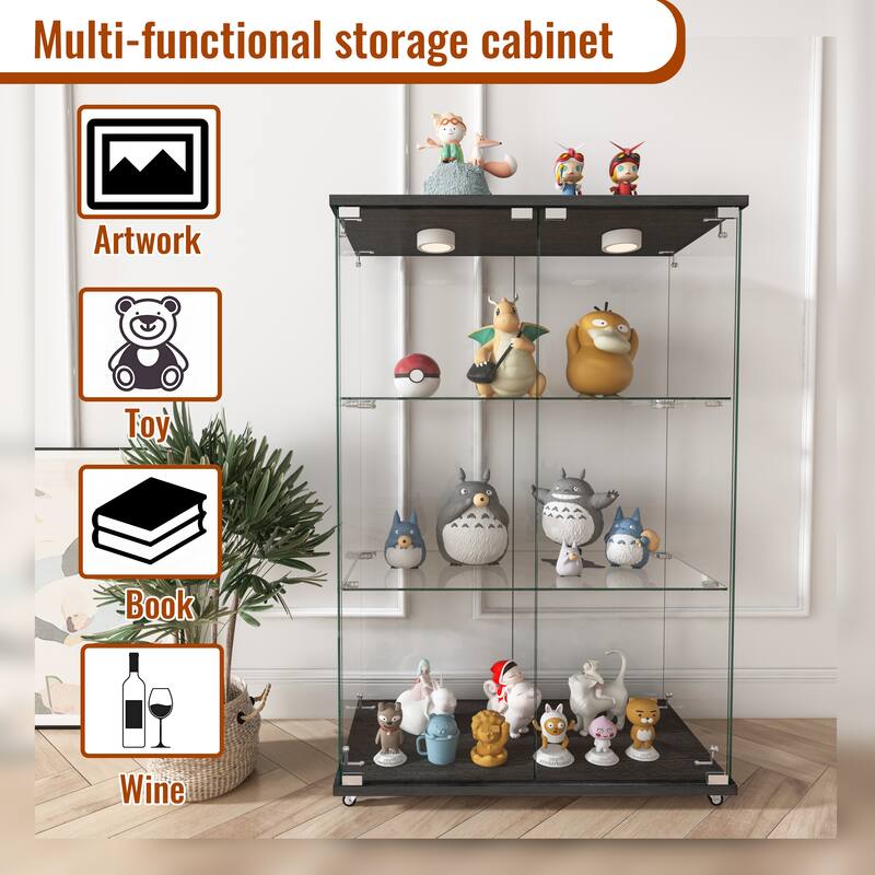 Modern Glass Display Cabinet with LED Lights, Quick-Assembly 2-Door Bookcase with Tempered Glass & Black Frame