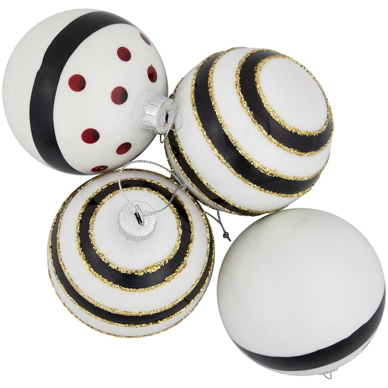 4 Shiny White Black Striped Christmas Glass Ball Ornaments 3" 80mm