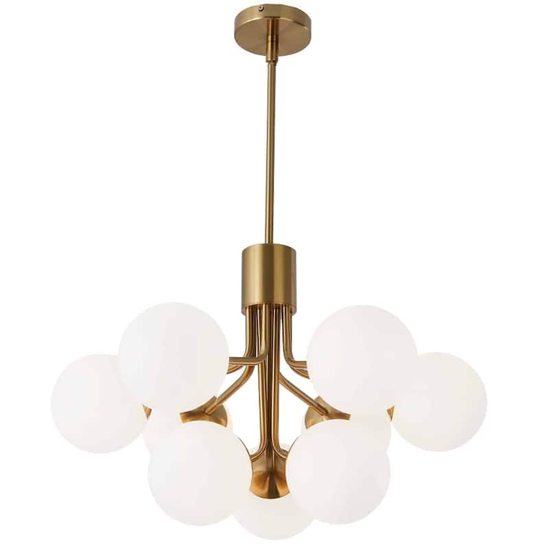 9 Light Chandelier - Elegant Brass Finish Opal Glass - Living Room Dining Room Lighting - 15.75