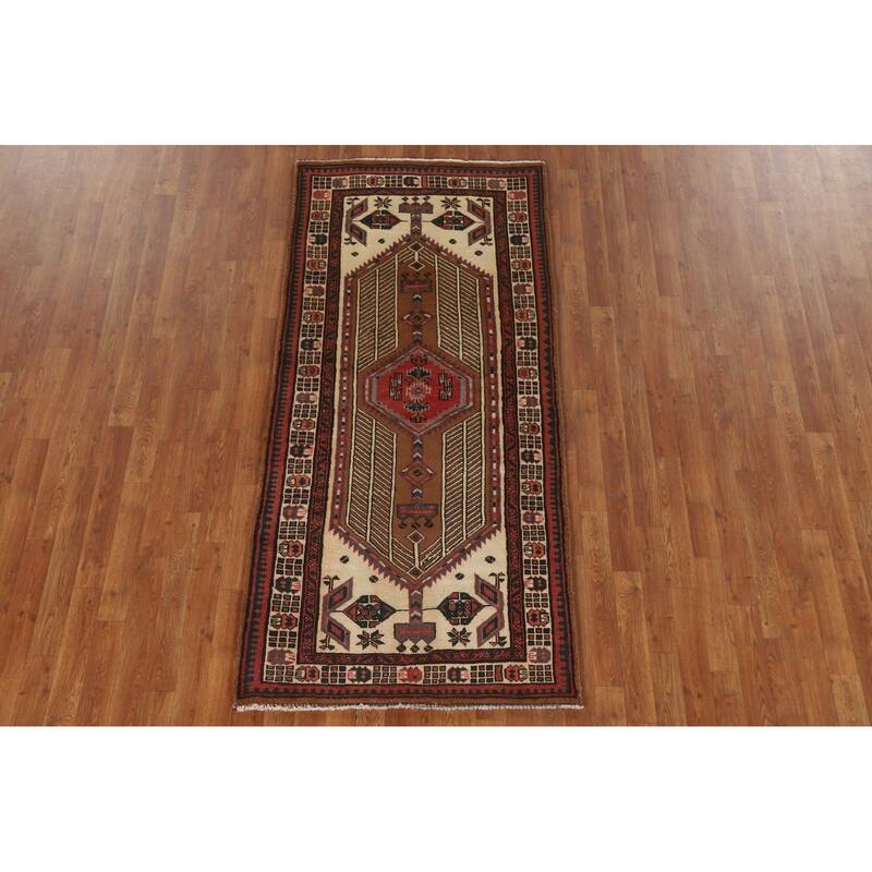 Brown Ardebil Persian Runner Rug Handmade Vintage Wool Carpet - 3'2"x 6'11"