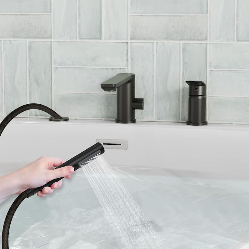 Modern Tub Filler with Hand Sprayer Deck Mount Tub Faucet with Hand Shower 3 Holes Bathtub Faucet Brass