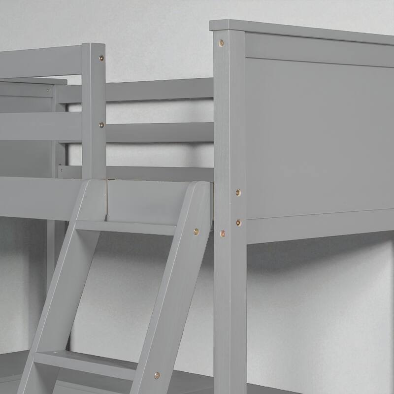 Twin Size Loft Bed with Shelves and Desk, Wooden Frame with Sturdy Ladder and Guardrails