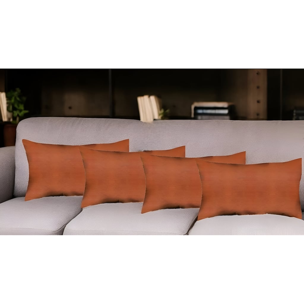 Set Of Four 12" X 12" Brown Solid Color Handmade Faux Leather Lumbar Pillows