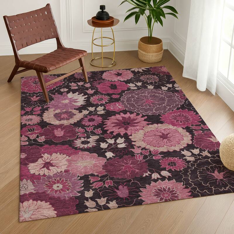 Machine Washable Indoor/ Outdoor Modern Floral Chantille Rug