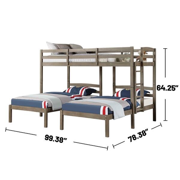 Wooden Triple Twin Bed with USB Port in Warm Gray - Warm Gray