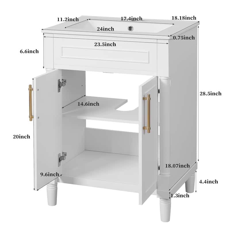 Modern 24 Inch Bathroom Vanity with Rectangular Sink, 2-Door Cabinet, Adjustable Shelf, Freestanding Design