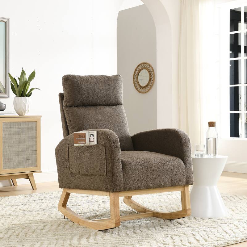 Teddy Fabric Rocking Chair with Side Pockets & High Back Support - Coffee
