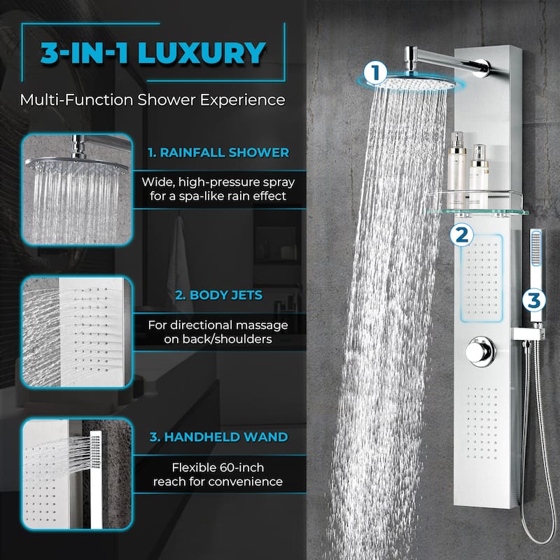 ANZZI Coastal Full Body Shower Panel with Heavy Rain Shower in Brushed Steel