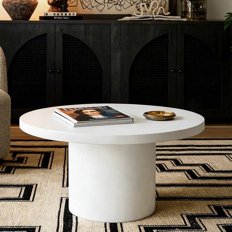 Travertine Round Coffee Table Circle Pedestal Table - White