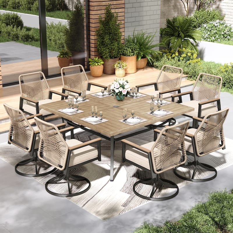 MAISON ARTS 9 Pieces Outdoor Patio Dining Set with Square Table and Cushioned Woven Wicker Dining Chairs