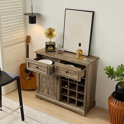 Rustic Buffet Cabinet Multifunctional Wine Bar Storage Cabinet Sideboard with 12 Wine Rack & 2 Drawers for Kitchen Dining Room