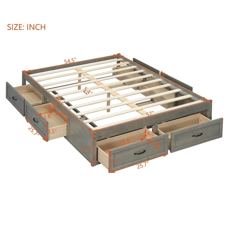Full Size Platform Bed with 6 Storage Drawers - Antique Gray