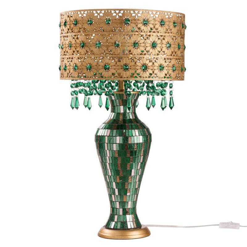 Bridget River of Goods Green and Gold Glass and Metal Drum Shade 25-Inch Table Lamp - 13.75" x 13.75" x 25"