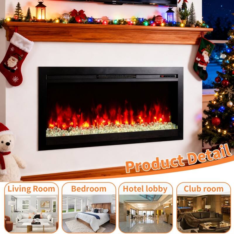44 in. Wall Mount Recess Tempered Glass Electric Fireplace with remote multi color,LED light heater in Black