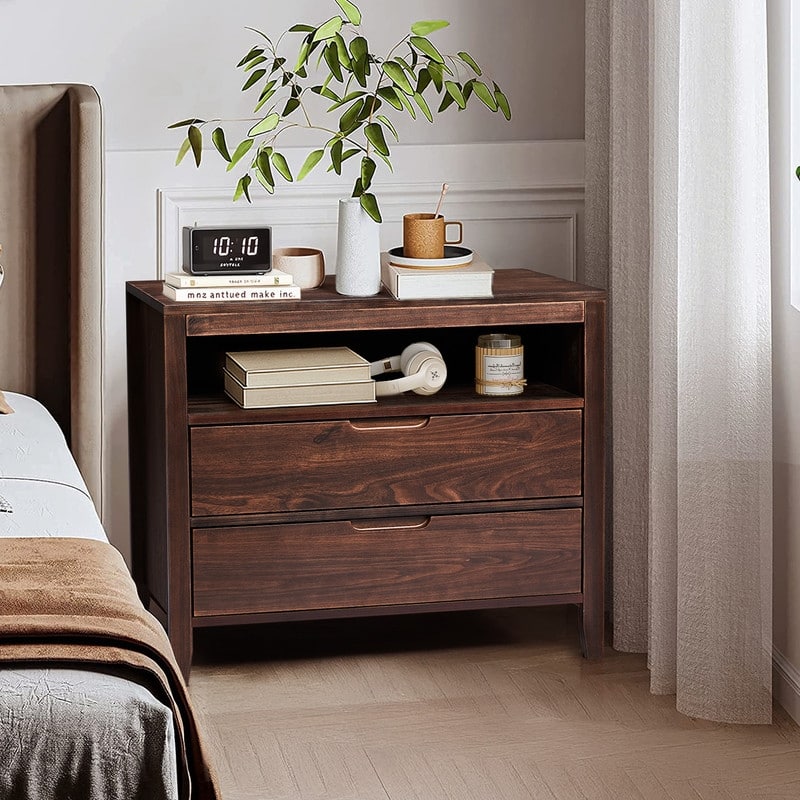Brown Mid-Century Modern Nightstand 2 Drawers Upper Shelf P2 Density Board Solid Wood Veneer 29 inches 1 piece - Brown