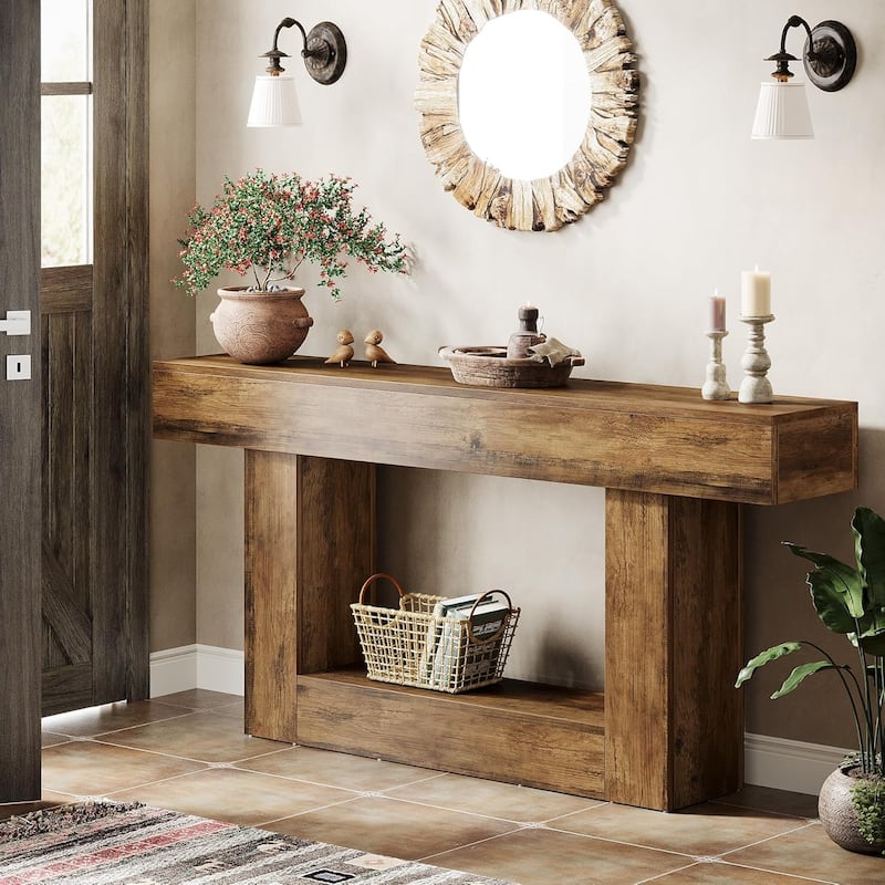63" Long Console Table, Farmhouse 2-Tier Entryway Table with U-Shaped Base - 63" W x 11.8" D x 32.3" H