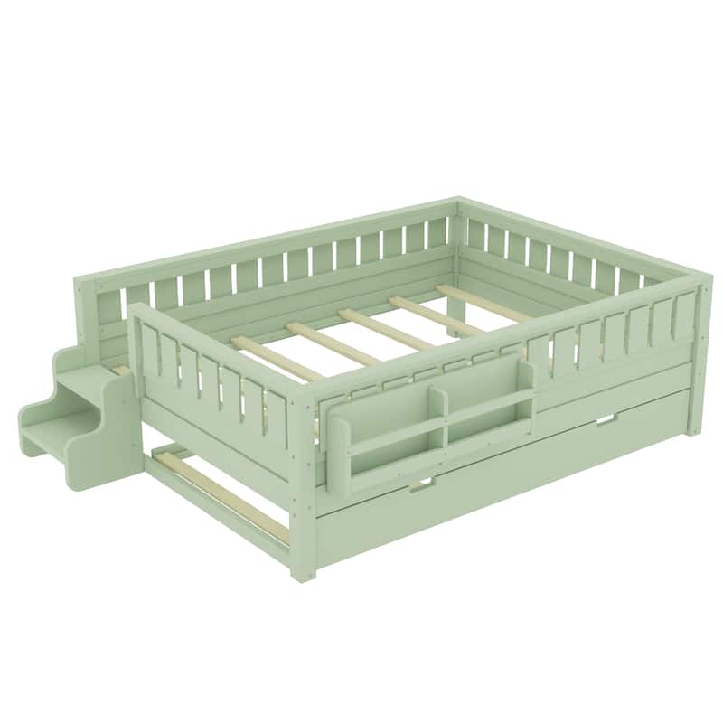 Roomfitters Floor Bed with Bookshelf and Trundle, Low Profile Frame with Step Entry