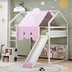 preview thumbnail 1 of 37, Full size Wooden Loft Bed House-shaped Frame with a Tent, White+Pink White