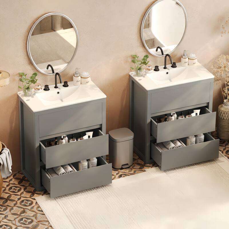 60" Double Sinks Bathroom Vanity Set, Bathroom Cabinet with Two Separate Ceramic Sinks, Soft Close