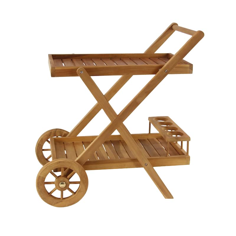 Teak Wood Indoor Outdoor Rolling 2 Shelves Bar Cart with Wheels and Handle - Brown - Roche River Decor - 21"W x 32"L x 32"H