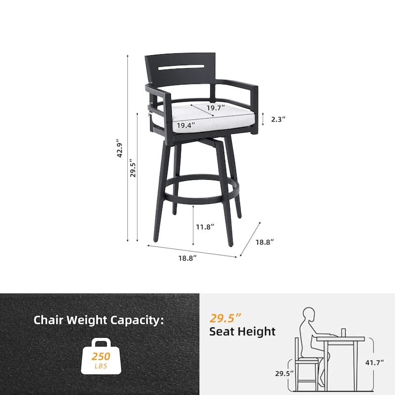 2-Piece Swivel Bar Chairs - Aluminum Frame, Sunbrella Cushion, Ember Black - 18.8" D x 18.8" W x 42.9" H