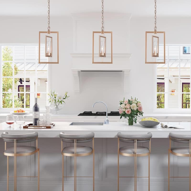 Mid-century Modern Gold Lantern Pendant Farmhouse Dimmable LED Rotatable Kitchen Island Light with Cylinder Glass